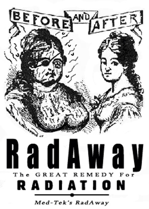An old advertisement for Med-Tek&#039;s RadAway.   Guaranteed to Stop the Glow!