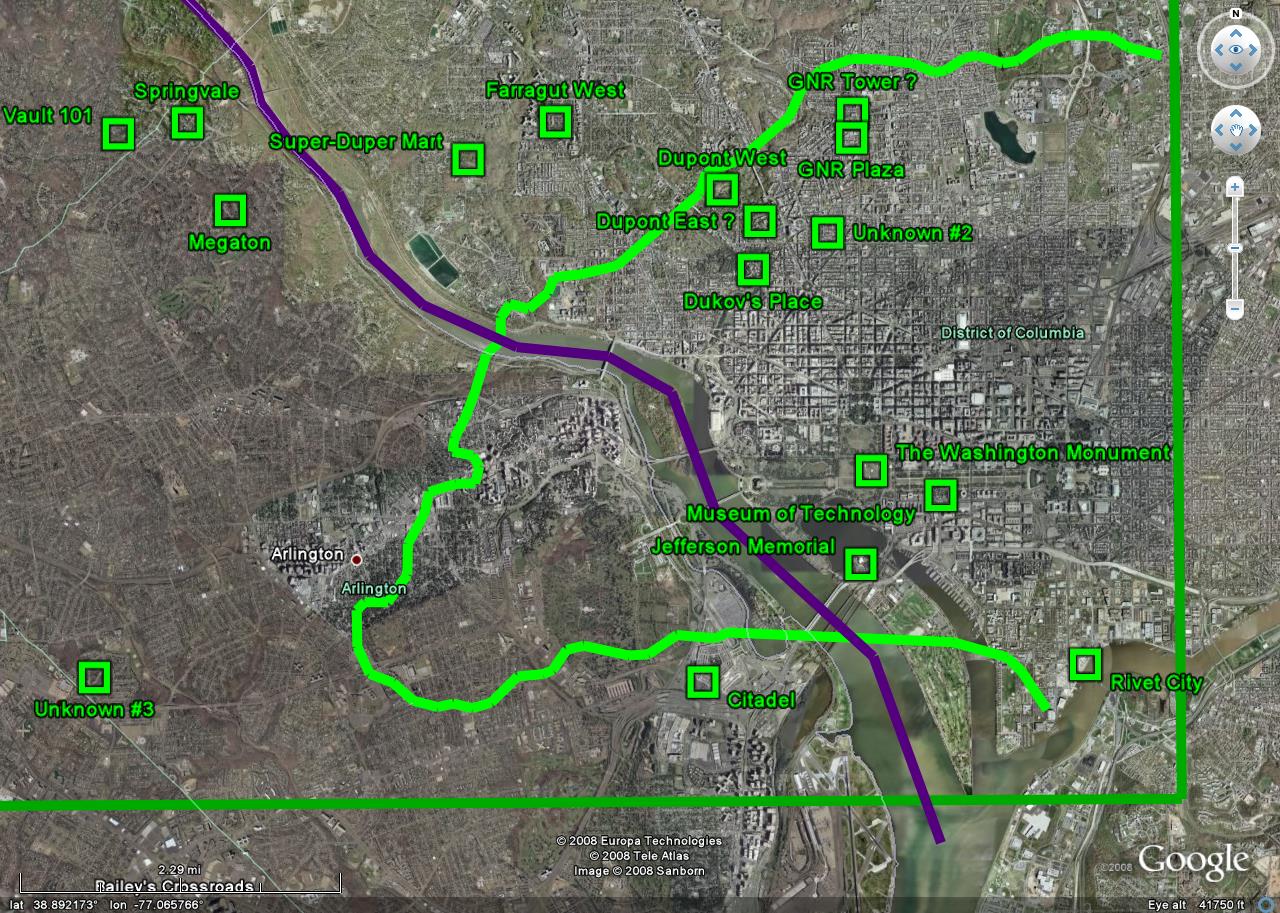 Fallout 3 in Google Earth - Detail of southeastern area